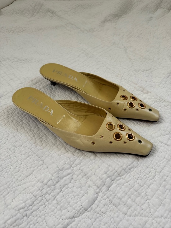 Prada Shoes - Prada Leather Yellow Low-Heel Mules with Gold Eyelet Accents, Size 37.5/US 7.5